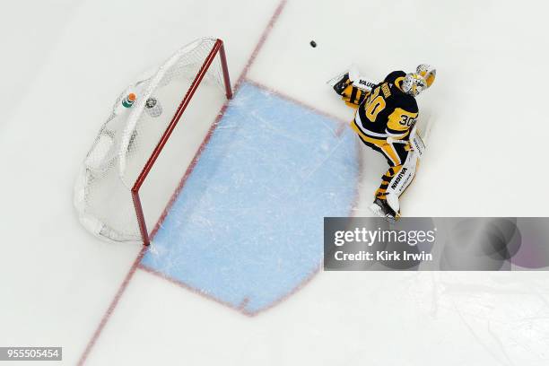 Matt Murray of the Pittsburgh Penguins makes a save in Game Four of the Eastern Conference Second Round during the 2018 NHL Stanley Cup Playoffs...