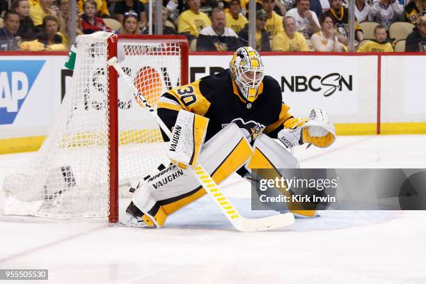 Matt Murray of the Pittsburgh Penguins follows the puck in Game Four of the Eastern Conference Second Round during the 2018 NHL Stanley Cup Playoffs...
