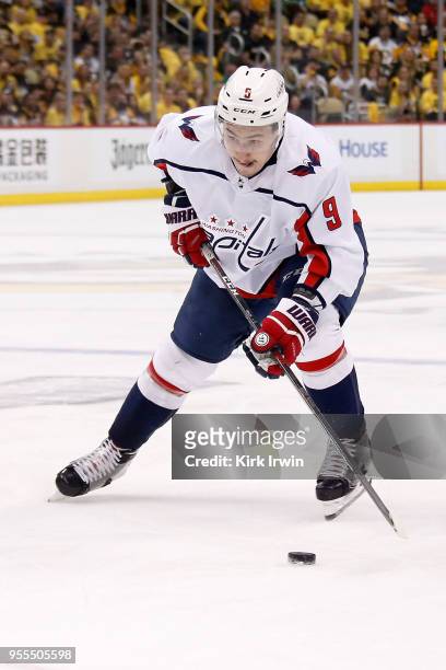 Dmitry Orlov of the Washington Capitals controls the puck in Game Four of the Eastern Conference Second Round during the 2018 NHL Stanley Cup...