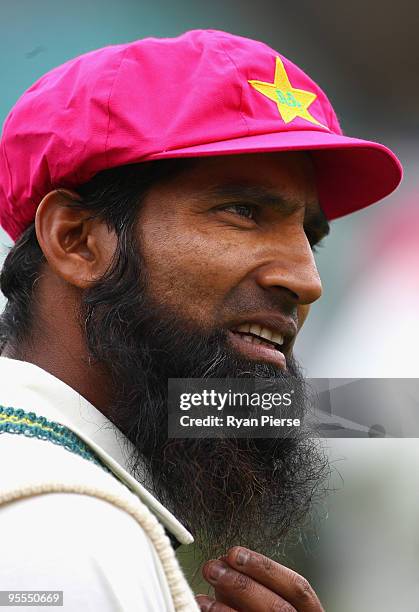 Mohammad Yousuf of Pakistan warms up in a pink cap to support Jane and Glenn McGrath's breast cancer charity, the McGrath Foundation during day one...