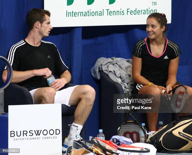 Andy Murray and Laura Robson of Great Britain talk on the sidelines at a practice session during day two of the Hopman Cup at the Burswood Dome on...