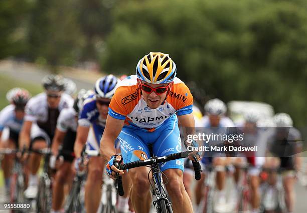 Jack Bobridge of Team SASI leads the peloton during race two of the 2010 Bay Series Classic at Geelong Eastern Park on January 3, 2010 in Geelong,...