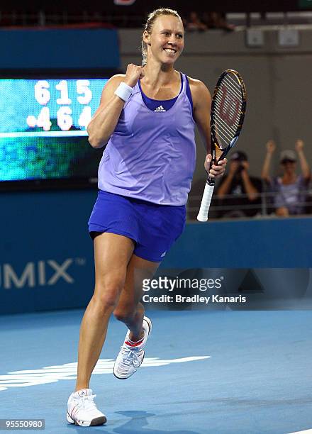 Alicia Molik of Australia celebrates victory after defeating Ekaterina Makarova of Russia in her first round match during day one of the Brisbane...