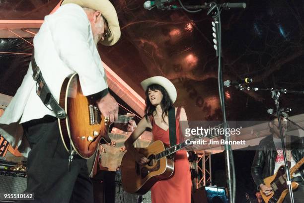 Lead guitarist and vocalist Ray Benson and singer and guitarist Nikki Lane perform live on stage at Ray's 67th birthday party concert benefiting...