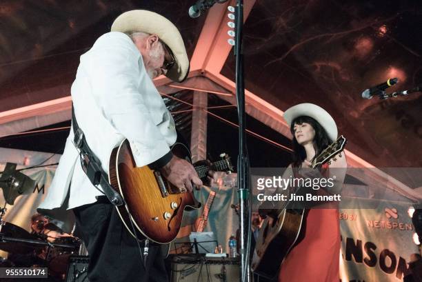 Lead guitarist and vocalist Ray Benson and singer and guitarist Nikki Lane perform live on stage at Ray's 67th birthday party concert benefiting...
