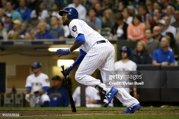 Domingo Santana of the Milwaukee Brewers hits a home run in the sixth inning against the Pittsburgh Pirates at Miller Park on May 4, 2018 in...