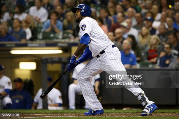 Domingo Santana of the Milwaukee Brewers hits a home run in the sixth inning against the Pittsburgh Pirates at Miller Park on May 4, 2018 in...