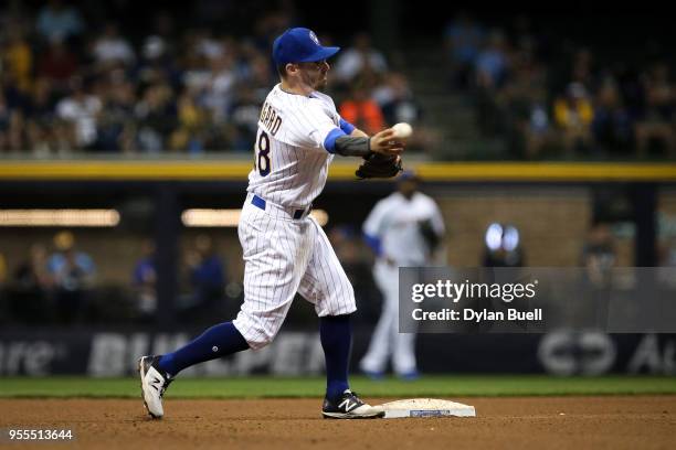 Eric Sogard of the Milwaukee Brewers turns a double play in the eighth inning against the Pittsburgh Pirates at Miller Park on May 4, 2018 in...