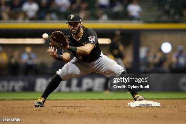 Sean Rodriguez of the Pittsburgh Pirates turns a double play in the ninth inning against the Milwaukee Brewers at Miller Park on May 4, 2018 in...