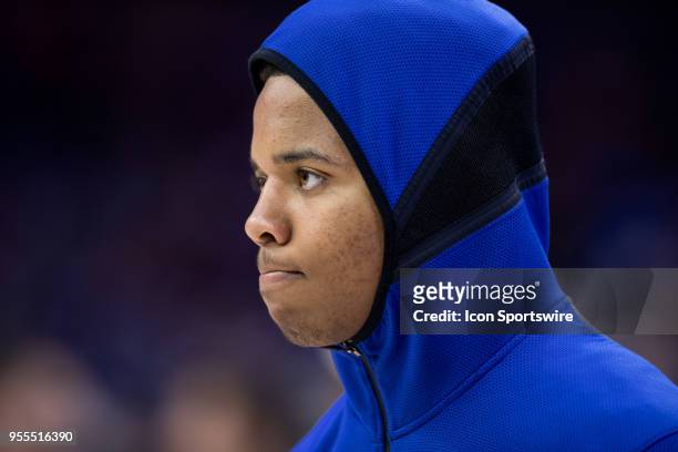 Philadelphia 76ers Guard Markelle Fultz looks on during warmups before the Eastern Conference Semifinal Game between the Boston Celtics and...