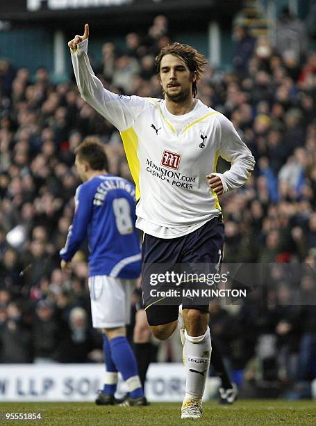 Tottenham Hotspur's Croatian midfielder Niko Kranjcar celebrates scoring his goal during the FA Cup third round football match between Tottenham...