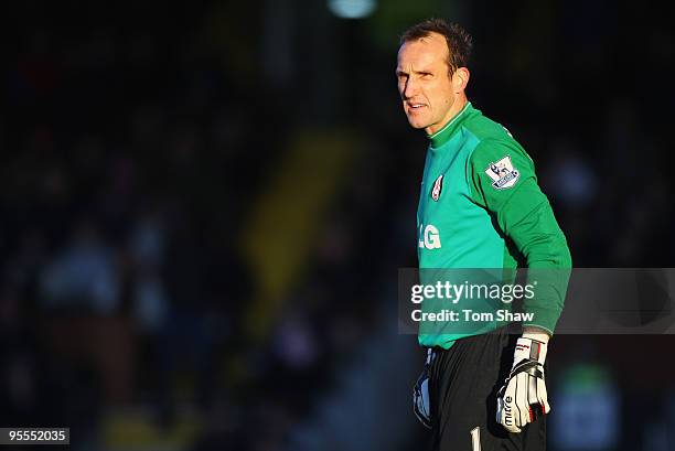 Goalkeeper Mark Schwarzer of Fulham looks on during the FA Cup sponsored by E.on 3rd Round match between Fulham and Swindon Town at Craven Cottage on...