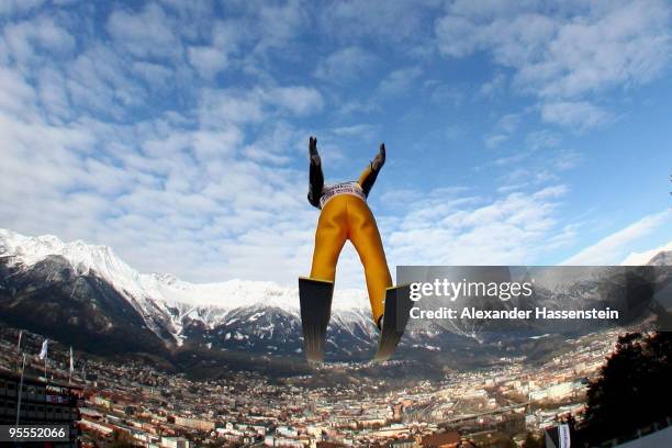 Pascal Bodmer of Germany competes during qualification round of the FIS Ski Jumping World Cup event of the 58th Four Hills ski jumping tournament on...
