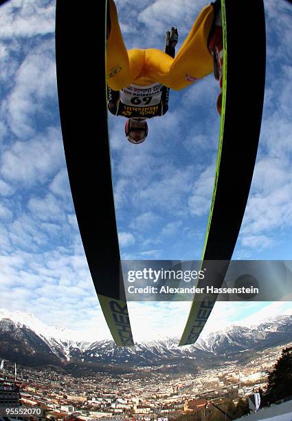 Pascal Bodmer of Germany competes during qualification round of the FIS Ski Jumping World Cup event of the 58th Four Hills ski jumping tournament on...