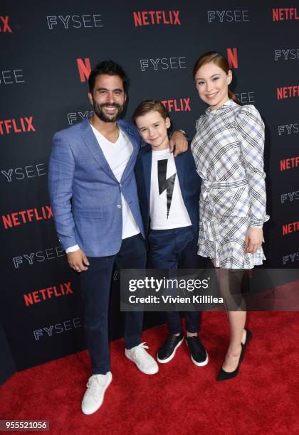 Ignacio Serricchio, Maxwell Jenkins, and Mina Sundwall attend the Netflix FYSee Kick Off Party at Raleigh Studios on May 6, 2018 in Los Angeles,...