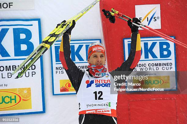 Bjoern Kircheisen of Germany celebrates after the Gundersen 10km Cross Country event during day two of the FIS Nordic Combined World Cup on January...