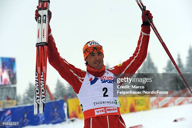 Johnny Spillane of the USA celebrates after the Gundersen 10km Cross Country event during day two of the FIS Nordic Combined World Cup on January 3,...