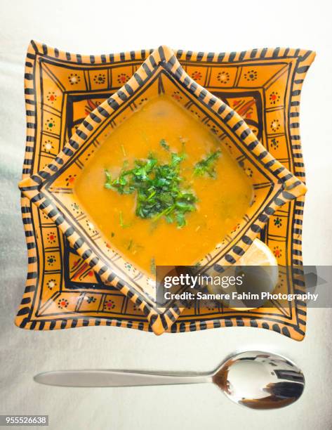 harira soup served on bowl - flat leaf parsley stock pictures, royalty-free photos & images