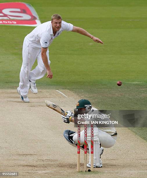 Australia's Phillip Hughes avoids a delivery from England's Andrew Flintoff during the Australian second Innings on the fourth day of the second...