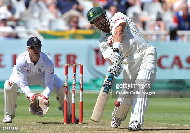 Mark Boucher of South Africa drives over long-on during day 1 of the 3rd test match between South Africa and England at Newlands Cricket Stadium on...