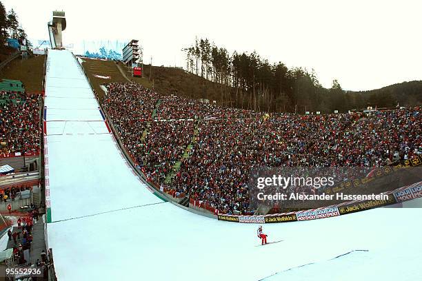 General view is seen during final round of the FIS Ski Jumping World Cup event of the 58th Four Hills ski jumping tournament on January 3, 2010 in...