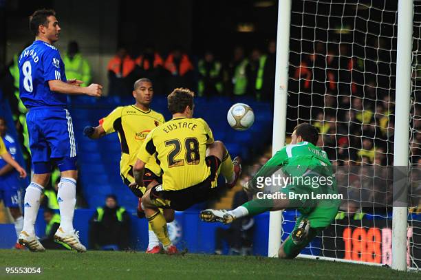 Goalkeeper Scott Loach fails to stop John Eustace of Watford scoring an own goal for Chelsea's second during the FA Cup sponsored by E.ON Final 3rd...