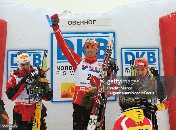 Johnny Spillane of the USA on the podium after the Gundersen 10km Cross Country event during day two of the FIS Nordic Combined World Cup on January...