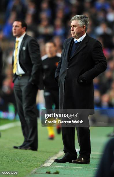 Chelsea manager Carlo Ancelotti and Watford Manager Malky Mackay look on during the FA Cup sponsored by E.ON Final 3rd round match between Chelsea...