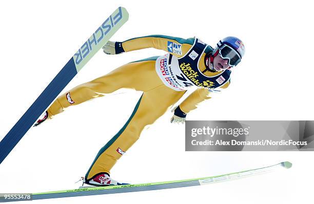 Gregor Schlierenzauer of Austria competes during the FIS Ski Jumping World Cup event of the 58th Four Hills ski jumping tournament on January 3, 2010...