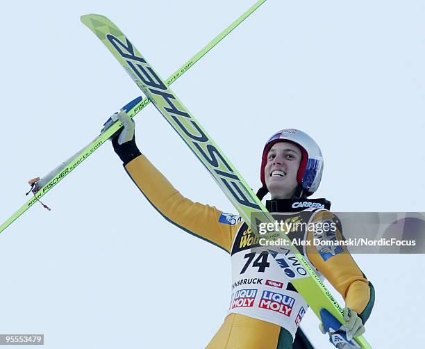 Gregor Schlierenzauer of Austria celebrates winning after his final jump of the FIS Ski Jumping World Cup event of the 58th Four Hills ski jumping...