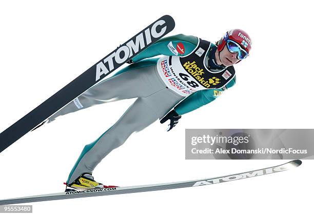 Janne Ahonen of Finland competes during the FIS Ski Jumping World Cup event of the 58th Four Hills ski jumping tournament on January 3, 2010 in...