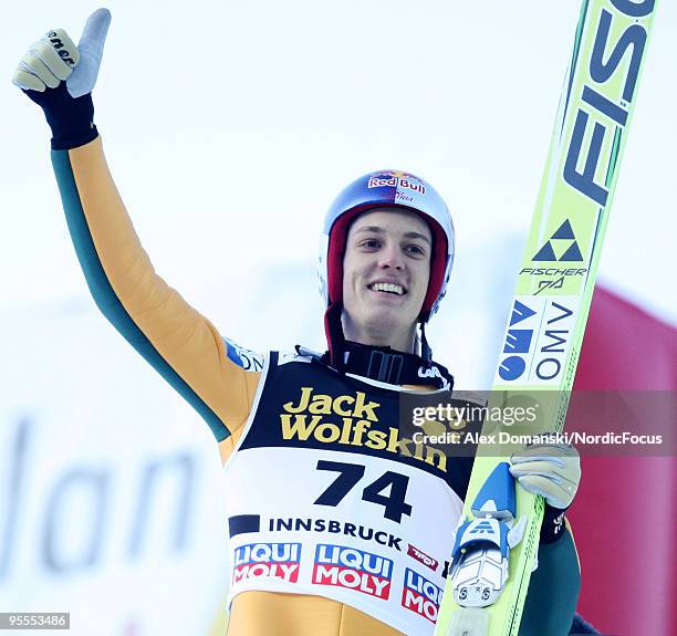 Gregor Schlierenzauer of Austria celebrates winning after his final jump of the FIS Ski Jumping World Cup event of the 58th Four Hills ski jumping...