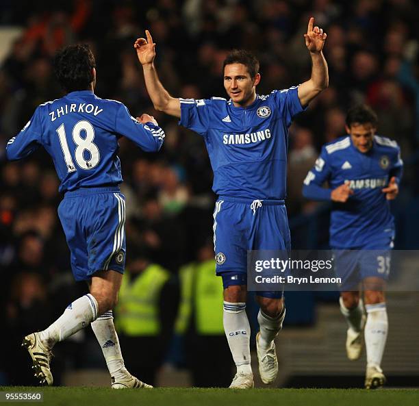 Frank Lampard of Chelsea celebrates with team mate Yuriy Zhirkov as he scores their fourth goal during the FA Cup sponsored by E.ON Final 3rd round...