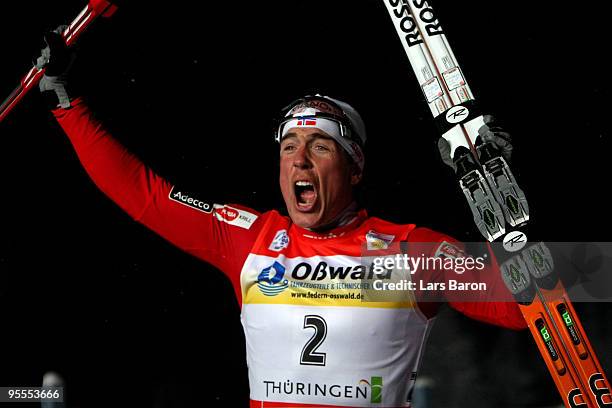 Eldar Roenning of Norway celebrates after winning the Men's 1,6km Sprint of the FIS Tour De Ski on January 3, 2010 in Oberhof, Germany.