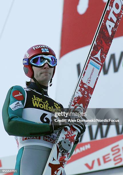 Janne Ahonen reacts after the final jump during the FIS Ski Jumping World Cup event of the 58th Four Hills ski jumping tournament on January 3, 2010...