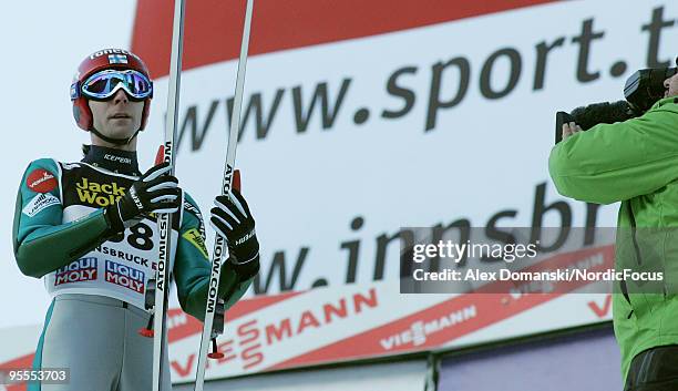 Janne Ahonen of Finland competes during the FIS Ski Jumping World Cup event of the 58th Four Hills ski jumping tournament on January 3, 2010 in...