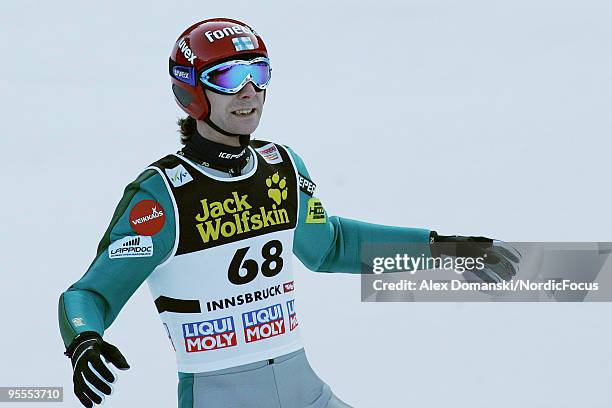 Janne Ahonen of Finland competes during the FIS Ski Jumping World Cup event of the 58th Four Hills ski jumping tournament on January 3, 2010 in...