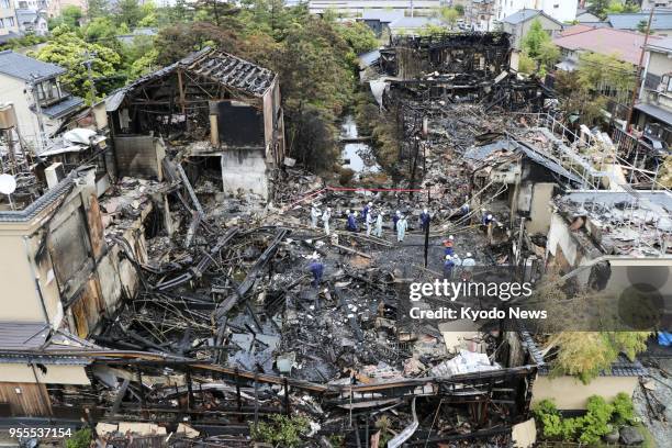 Photo taken May 7 shows the remains of the Japanese-style inn Beniya, a national tangible cultural property in the Awara hot spring resort in Fukui...