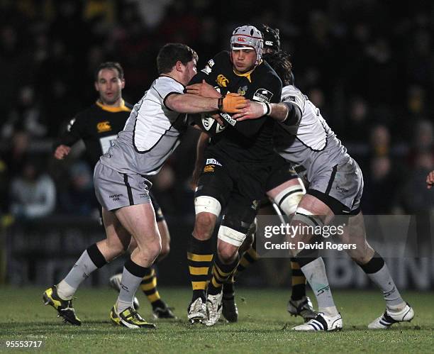 Dan Ward-Smith of Wasps charges upfield during the Guinness Premiership match between London Wasps and Newcastle Falcons at Adams Park on January 3,...