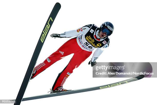 Robert Kranjec of Slovenia competes during the FIS Ski Jumping World Cup event of the 58th Four Hills ski jumping tournament on January 3, 2010 in...