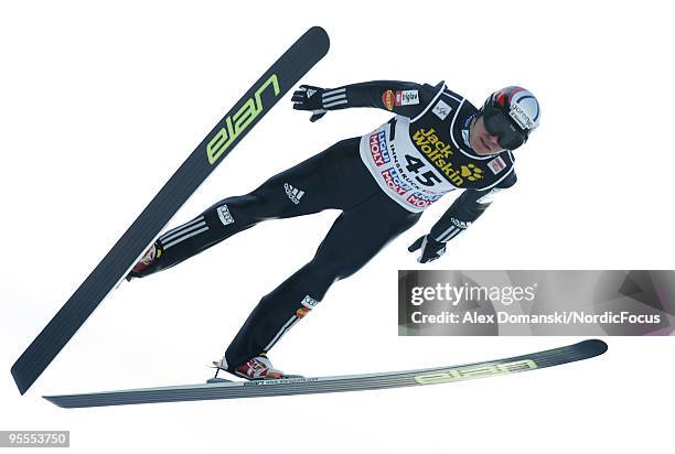 Jernej Damjan of Slovenia competes during the FIS Ski Jumping World Cup event of the 58th Four Hills ski jumping tournament on January 3, 2010 in...