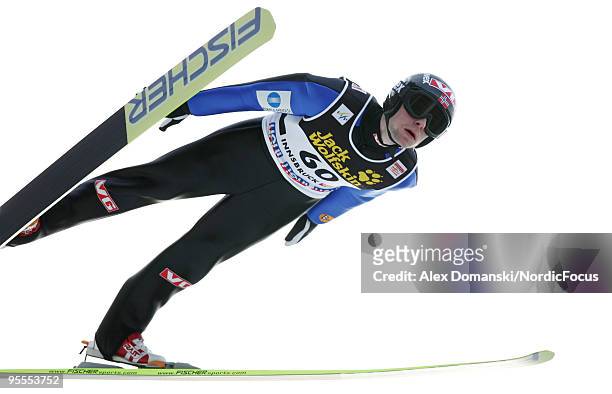 Anders Jacbsen of Norway competes during the FIS Ski Jumping World Cup event of the 58th Four Hills ski jumping tournament on January 3, 2010 in...