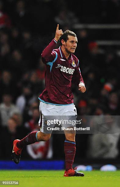 Alessandro Diamanti of West Ham United celebrates scoring during the FA Cup sponsored by E.ON 3rd Round match between West Ham United and Arsenal at...