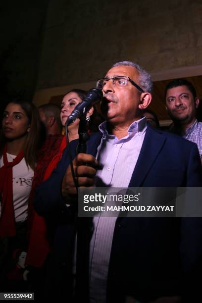 Oussama Saad gives a speech as he celebrates his victory in the general elections, in Sidon, on May 6, 2018. - Less than half of Lebanon's electorate...