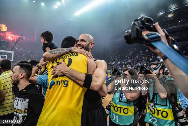 Athens players celebrate after winning the Final Four Champions League basketball final game between AS Monaco and AEK Athens at the OAKA Stadium, in...