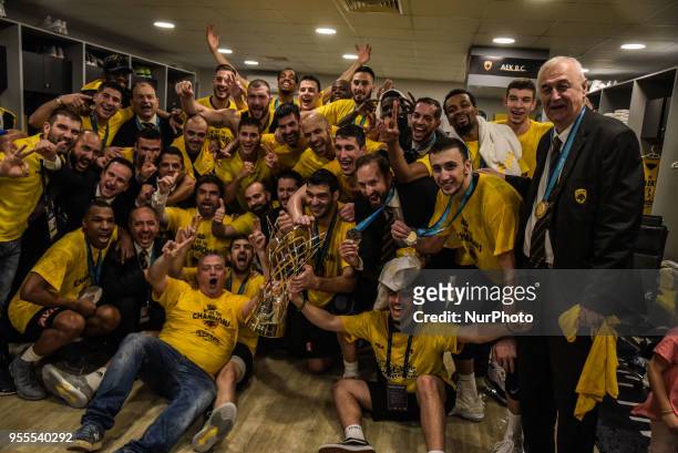 Athens players celebrate after winning the Final Four Champions League basketball final game between AS Monaco and AEK Athens at the OAKA Stadium, in...