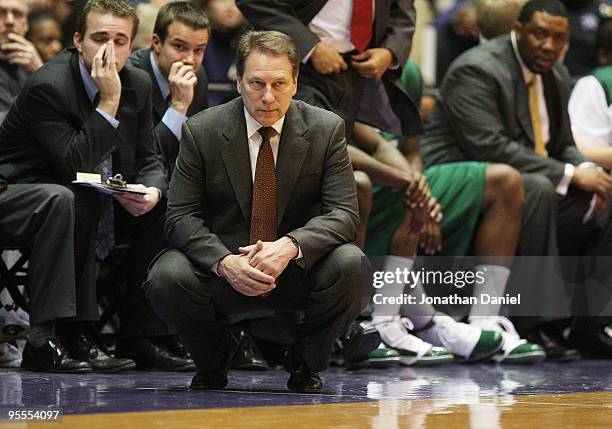 Head coach Tom Izzo of the Michigan State Spartans watches as his team takes on the Northwestern Wildcats on January 2, 2010 at Welsh-Ryan Arena in...