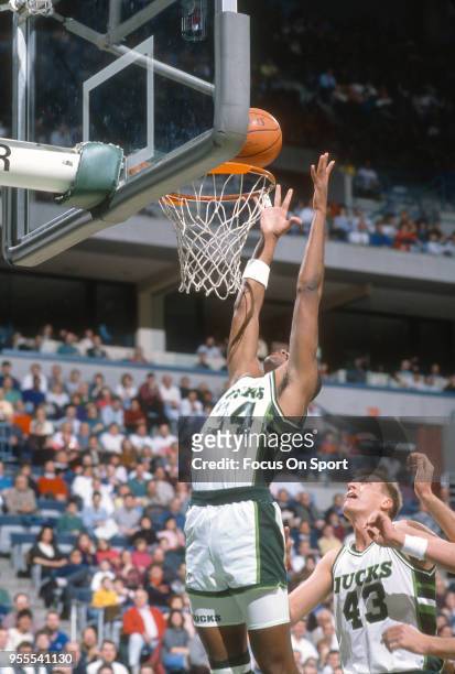 Greg Anderson of the Milwaukee Bucks goes up to grab a rebound during an NBA basketball game circa 1990 at the Bradley Center in Milwaukee,...