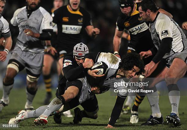 Tane Tu'ipulotu of Newcastle is held by Dan Ward-Smith during the Guinness Premiership match between London Wasps and Newcastle Falcons at Adams Park...