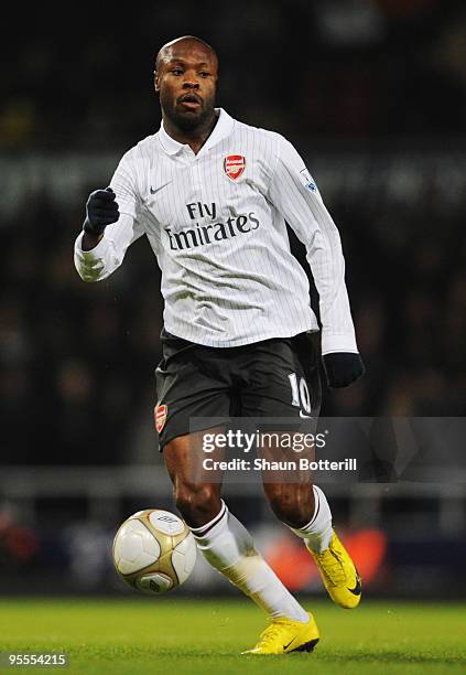 William Gallas of Arsenal runs with the ball during the FA Cup sponsored by E.ON 3rd Round match between West Ham United and Arsenal at the Boleyn...